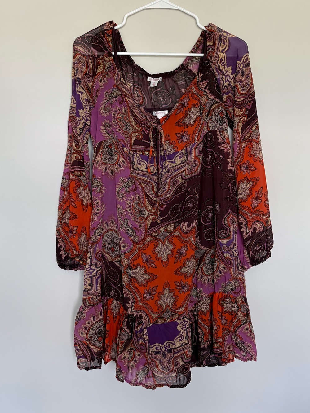 Xhilaration Boho Paisley Mini Dress Orange Purple Long Sleeve Flowy Size M